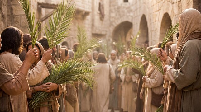 People waving palm branches to welcome Christ on Palm Sunday. Biblical event. Christian Easter holiday background for gospel.