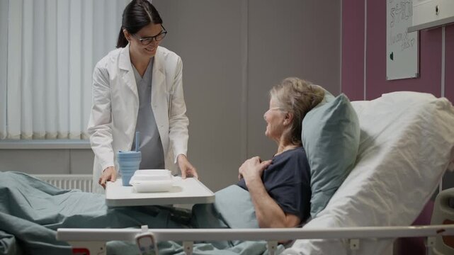 Medium shot of friendly Caucasian nurse bringing mobile tray table and serving meal to elderly female patient lying in bed and receiving oxygen through nasal cannula