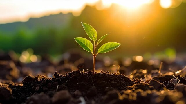 Young green seedling emerging from rich soil bathed in warm sunrise golden light