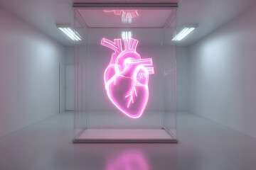 Vibrant pink neon heart encased in a glass display, illuminated in a modern, minimalist room with soft lighting, creating a captivating and conceptual artwork.