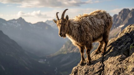 Mountain Goat on Rocky Outcrop in Majestic Misty Landscape with Dramatic Lighting for Wildlife Conservation