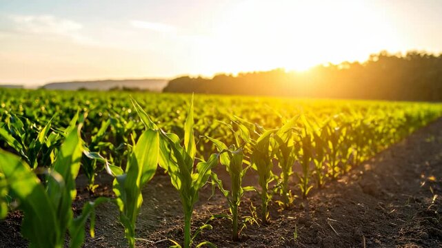 Young corn plants grow in rows on a farm field under a golden sunset.