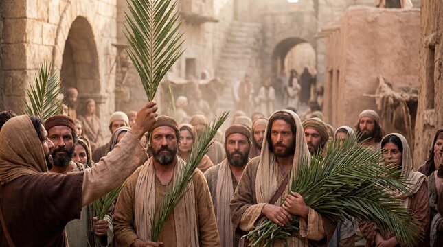 Men and women celebrate Jesus Christs entrance into Jerusalem. Biblical scene of Palm Sunday for Christian religious event and Holy Week.