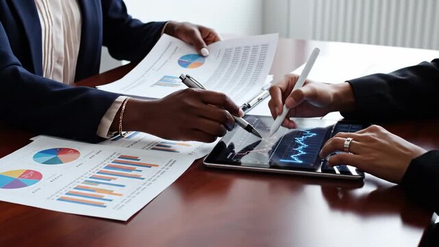 People analyze charts and graphs on paper and a tablet at a desk