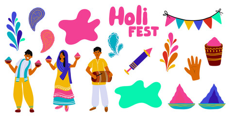 Holi Festival collection with people celebrating, playing with color powder and traditional musical instruments. Flat vector illustration of Indian holiday elements isolated on dark background