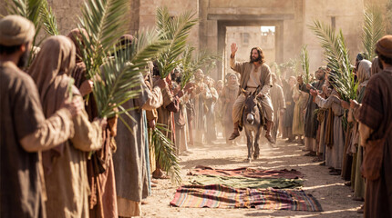 Naklejka premium Jesus Christ riding a donkey during his triumphal entry into Jerusalem, with crowd waving palm branches for Palm Sunday.