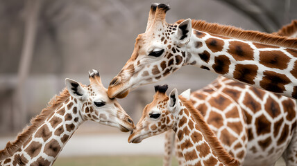 Fototapeta premium Three giraffes touching noses in a natural outdoor setting