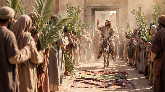 Jesus Christ riding a donkey during his triumphal entry into Jerusalem, with crowd waving palm branches for Palm Sunday.