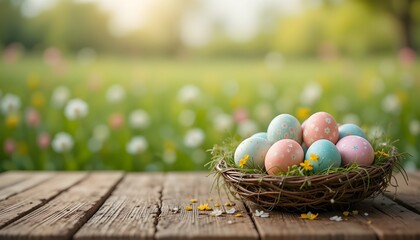 Obraz premium Wooden table with colorful Easter eggs and blurred spring meadow background, bright festive seasonal scene
