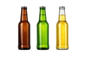Cold beer bottles showing condensation on transparent background