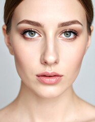 Obraz premium Close-up of a woman's face with professional makeup, neutral background