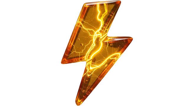 Glowing amber glass lightning bolt symbol isolated on a black background representing energy speed and electrical power concepts in a striking visual design