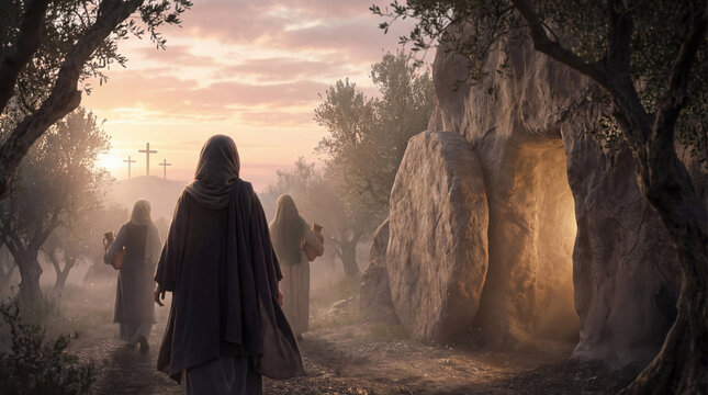 Three women walking toward open empty tomb at sunrise. Biblical Easter scene of resurrection. Religious event for Christian holiday.