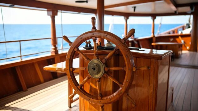 Antique wooden ship's wheel on deck overlooking calm blue ocean water