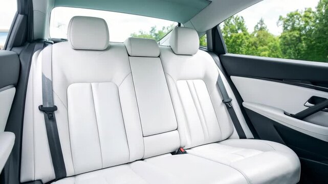 Clean white leather car seats interior in passenger vehicle with view of green trees outside