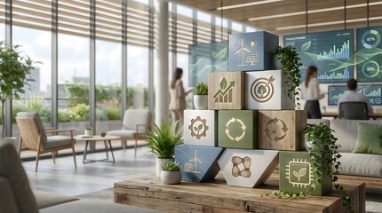 Stack of wooden blocks with ESG and sustainability icons in modern biophilic office with team working on data background