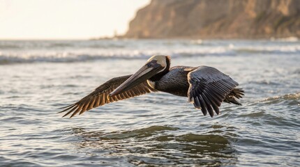 Pelican in flight over ocean waves in warm golden light for wildlife conservation