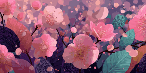 A vibrant and colorful illustration of blooming cherry blossom flowers in full bloom © DARK TRUST
