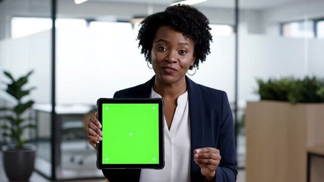 Confident African American Businesswoman Presenting a Tablet with Green Screen Chroma Key in Modern Office for Corporate App Demos and Digital Marketing