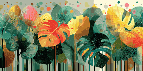 Fototapeta premium Vibrant tropical leaves arranged in a colorful and artistic pattern on a wall .2026