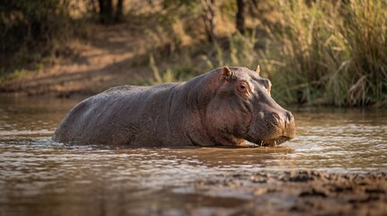 Hippopotamus in serene natural habitat with warm golden lighting in water for wildlife conservation