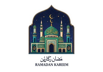 Fototapeta premium Intricate mosque illustration with a crescent moon and the phrase ramadan kareem