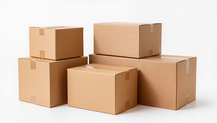 Fototapeta premium Stack of various sealed cardboard shipping boxes arranged by size, brown corrugated packaging parcels isolated on white background, logistics and delivery concept