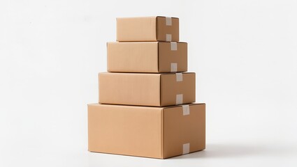 Fototapeta premium Stack of various sealed cardboard shipping boxes arranged by size, brown corrugated packaging parcels isolated on white background, logistics and delivery concept