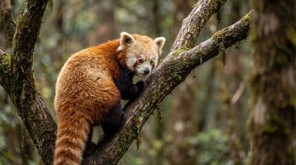 Red Panda on Tree Branch in Natural Habitat with Soft Focus and Warm Lighting for Wildlife Conservation