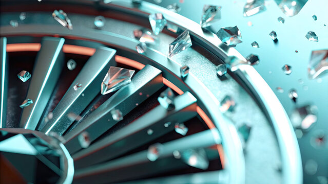 Shattered clock face with flying glass shards concept. Close-up of a turbine blade with diamond-like crystals in focus.