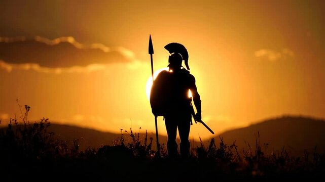 Ancient warrior silhouetted against a dramatic sunset sky holding a spear and shield