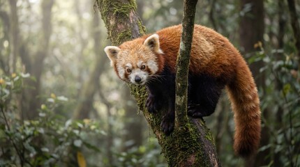 Red Panda on mossy tree trunk in serene forest with soft natural lighting for wildlife conservation