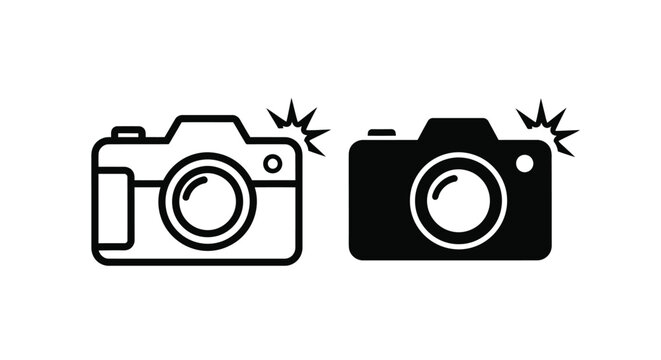 Two distinct camera icons featuring both outline and solid silhouettes with flash indicators represent photography concepts instantly.