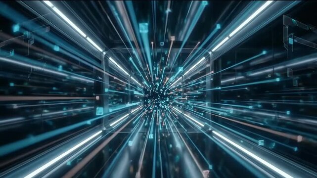 Abstract 4K Digital Data Stream Tunnel Connecting Nodes and Charts, Representing Fintech Security and Global Connectivity
