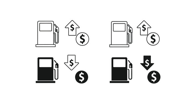 Collection of stylized icons depicting fluctuating gasoline prices showing both increasing and decreasing fuel costs with currency symbols