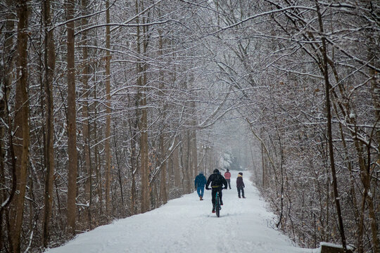 People biking and walking on snowy forest trail during winter storm