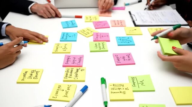 Diverse Business Team Collaborating on Strategy with Colorful Sticky Notes and Markers on a Large White Table