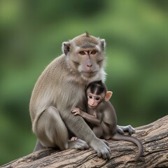 Obraz premium Monkey and Baby Sitting on Tree Branch.