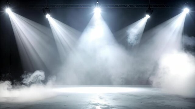 Stage lighting with dramatic smoke effects and bright spotlights illuminating the empty space