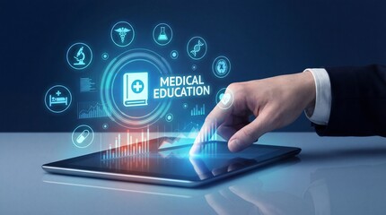 Medical education concept on digital tablet with healthcare icons, data analytics charts, and online learning interface. Idea of eLearning, healthcare training, 