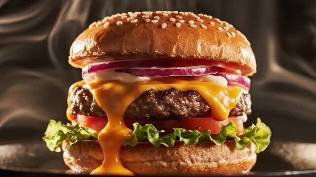 A juicy cheeseburger with melted cheese, lettuce, tomato, and onion on a toasted bun, served on a dark surface.