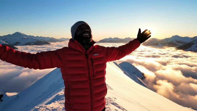 Person atop snow-covered peak, arms outstretched, sunrise behind clouds, mountains in the distance