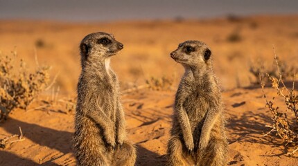 Meerkats standing upright in desert landscape with warm golden light for wildlife photography