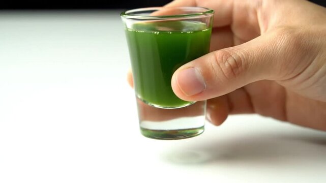 Close-up of Person Picking Up a Small Shot Glass Filled with Healthy Green Wheatgrass Juice for Morning Detox and Wellness Lifestyle Routine.