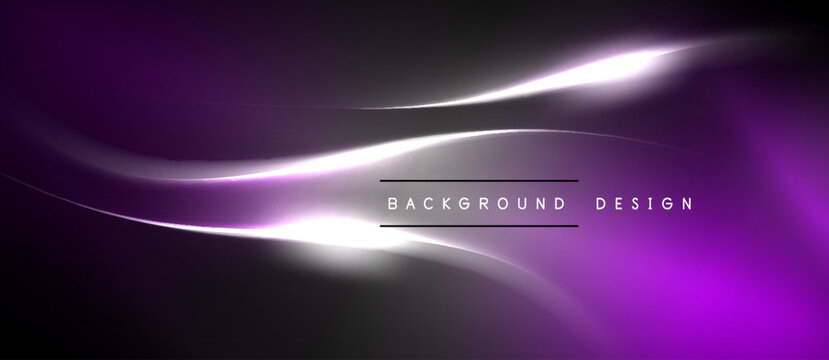 Abstract purple design features flowing lines, bright light streaks. Dark background creates dramatic visual effect. Simple text overlay present.