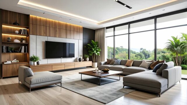 Modern living room with large windows, sectional sofa, and entertainment unit
