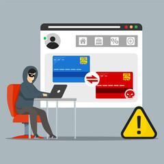 Credit card fraud and online banking hack concept showing hacker using laptop to stealing payment data. © AlHanif