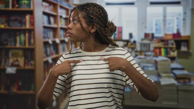 Woman in striped shirt points both index fingers to her chest with wide eyes in library building; surprise identity.