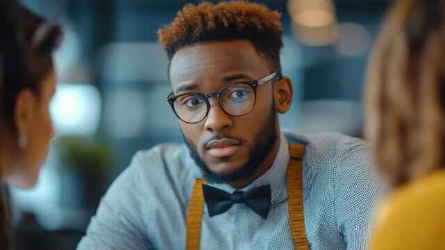 Focused Conversation: A man, elegantly dressed in a bow tie and spectacles, intently listens during a close conversation, revealing a sense of attentiveness and genuine interest.