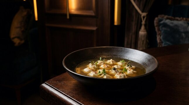 A bowl of dushbara sits on a wooden table in a dimly lit restaurant with a warm atmosphere.